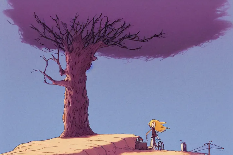 Prompt: a study of a cell shaded cartoon of lightning hitting a tree from howl's moving castle ( 2 0 0 4 ), on a desert road, full body, wide shot, very muted colors, post grunge, studio ghibli, laurie greasley, highly detailed, deviantart, art by artgem