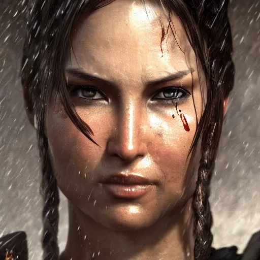 Image similar to Lara croft as samurai , wet face , heavy rain, dirt face ,dramatic, intricate, highly detailed, concept art, smooth, sharp focus, illustration, Unreal Engine 5, 8K