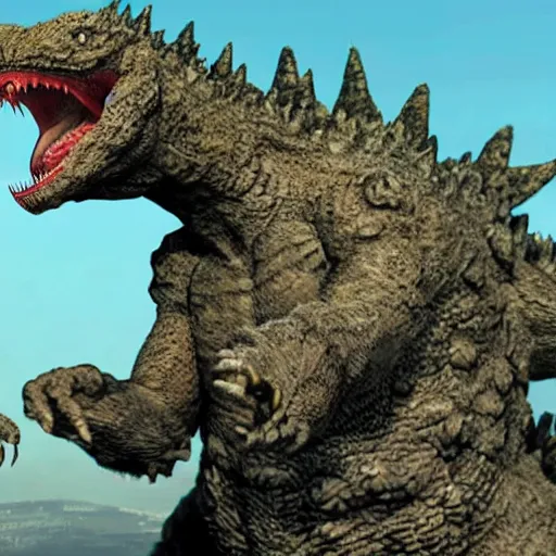 Image similar to a Caucasian fighting Godzilla