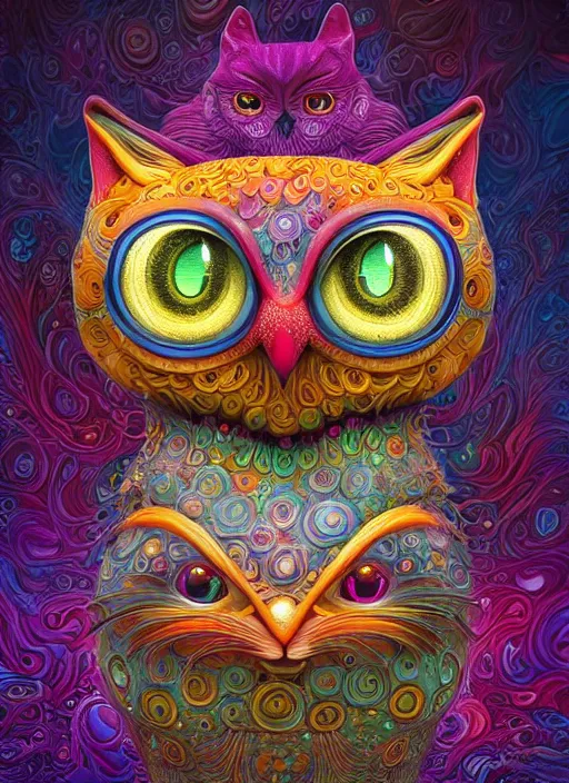 Prompt: psychedelic cat owl figure by naoto hattori, android jones and chris dyer, depth of field, intricate beautiful painting, billions of details, octane render, trending on artstation