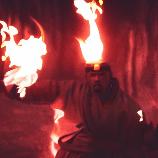 Prompt: cinematic film still of J.Cole starring as a Samurai holding fire, Japanese CGI, VFX, 2022, 40mm lens, shallow depth of field, film photography