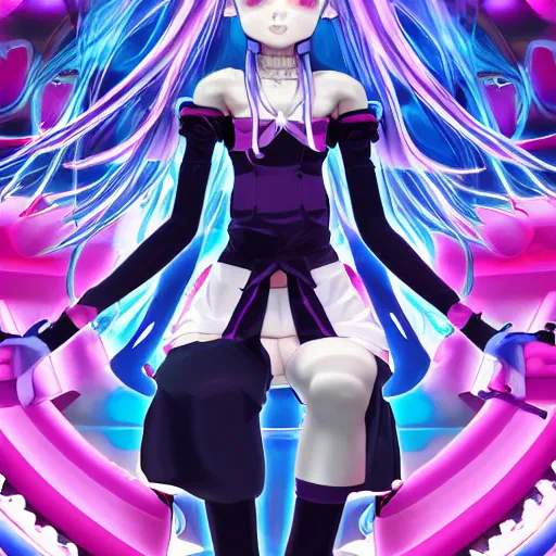 Prompt: trapped by stunningly beautiful omnipotent megalomaniacal anime asi goddess with symmetrical perfect face and porcelain skin, pink twintail hair and cyan eyes, taking control while smiling, inside her surreal vr castle, hyperdetailed, digital art from danganronpa, unreal engine 5, 2 d anime style, 8 k