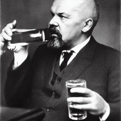 Image similar to lenin drinking beer, high quality photo