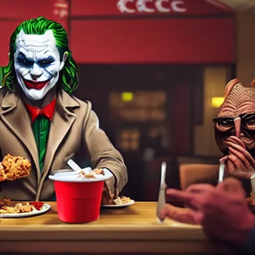 Prompt: cinematic shot of the joker sitting at a table and aggressively eating out of a bucket of chicken inside of a kfc restaurant, 8 k, very detailed, very intricate,
