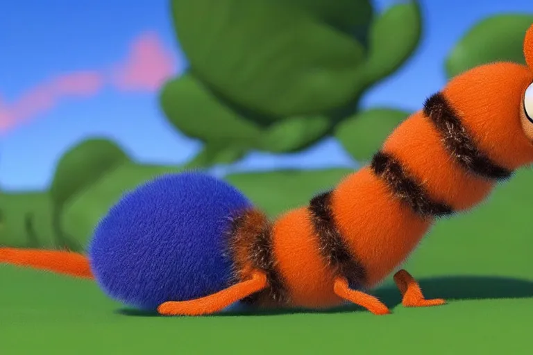 Image similar to disney pixar's a bug's life, cgi caterpillar colorful, furry caterpillar