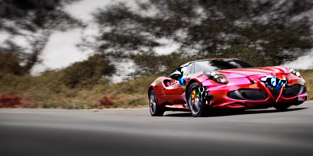 Image similar to photograph, 2015 Alfa Romeo 4C, cinematic, PCH, california coast, 8k, depth of field, bokeh.