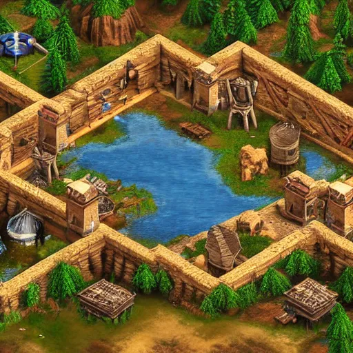 Image similar to isometric map of age of empires video game website , procedural, Travian, AOE2 , civilization, river, forest, cave, mountain, woods, hills, buildings, Insane Details, Digital Art, Epic Atmosphere, Extremely Detailed