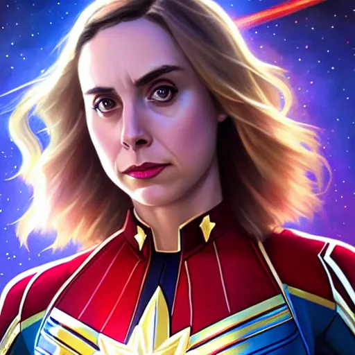 Image similar to Alison Brie as Captain Marvel, western, D&D, fantasy, intricate, elegant, highly detailed, digital painting, artstation, concept art, matte, sharp focus, illustration, art by Artgerm and Greg Rutkowski and Alphonse Mucha