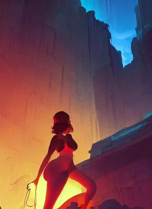 Prompt: giant human siluette of orange glowing color inside a dark cavern, watching a giant skyscraper with thousands of floors and bright yellow windows, in the Style of Artgerm and Charlie Bowater and Atey Ghailan and Mike Mignola, vibrant colors and hard shadows and strong rim light, Comic Cover Art, plain background, trending on artstation