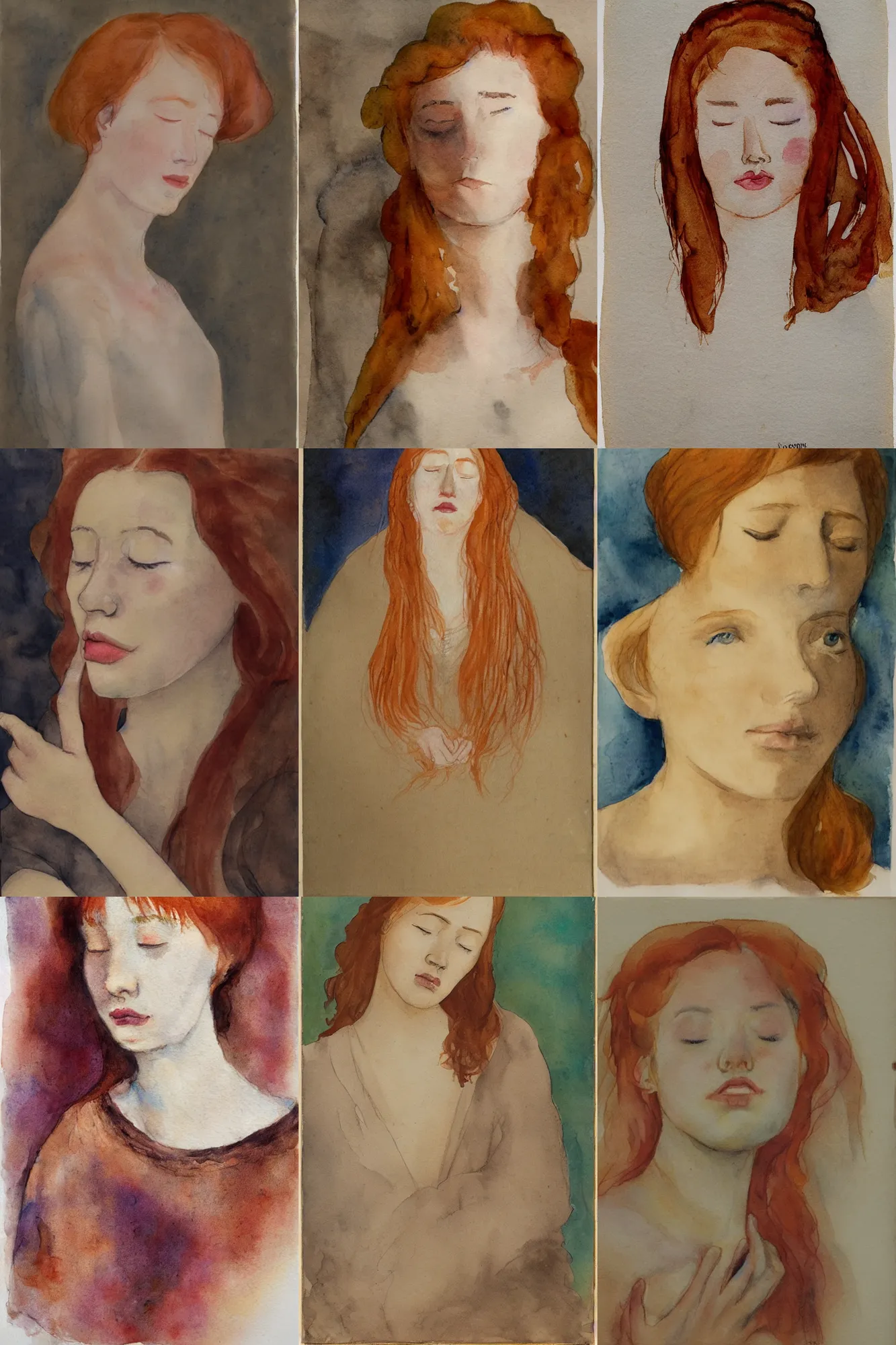 Prompt: portrait of a young ginger woman, closing her eyes, aquarelle