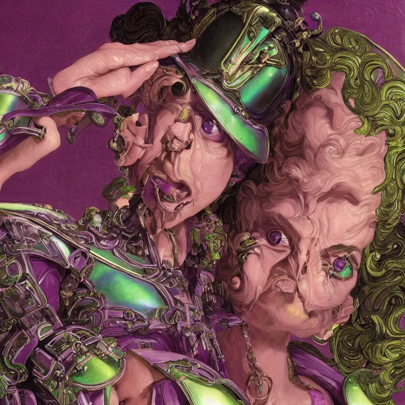Prompt: a baroque neoclassicist close - up renaissance portrait of a purple and green iridescent whimsical 1 8 0 0 s japanese mech gundam witch. reflective detailed textures. glowing eyes, dark background. highly detailed fantasy science fiction painting by moebius, norman rockwell, frank frazetta, and syd mead. rich colors, high contrast. artstation