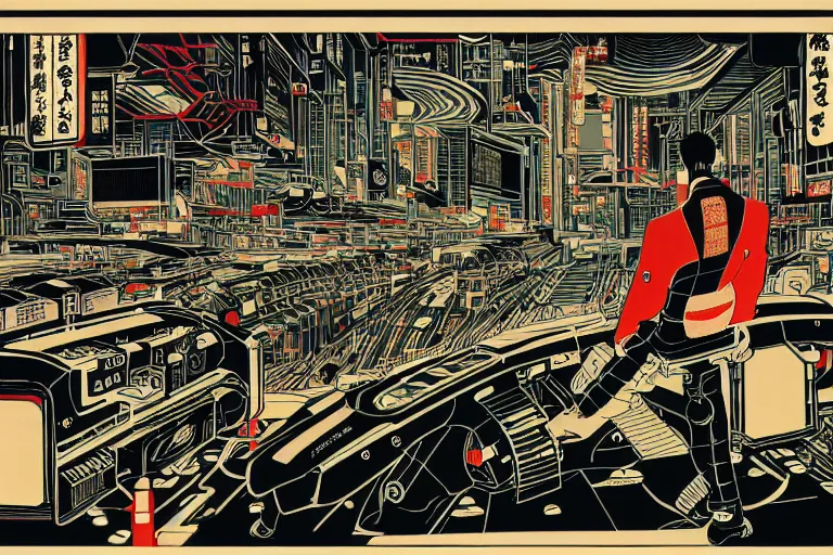 Image similar to futuristic japanese cyberpunk bladerunner silk screen by utagawa yoshiiku, ohara koson, pixiv contest winner, cyberpunk style, cyberpunk color scheme, mechanical, robotic, human machine interface, high resolution, hd, bold clear lines