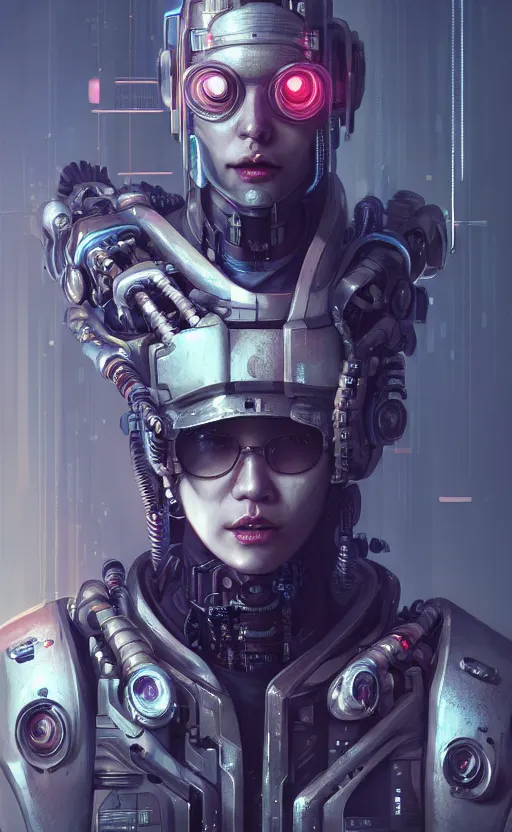 Image similar to a hyper detailed octane render concept art by xision wu, kerem beyit, sandara tang portrait of cyberpunk cyborg, dim lighting, detailed portraits, unreal engine 5, highly rendered,, digital painting, artstation, concept art, smooth, sharp focus perfect horizontal ， symmetry illustration, detailed and intricate environment artstation hq