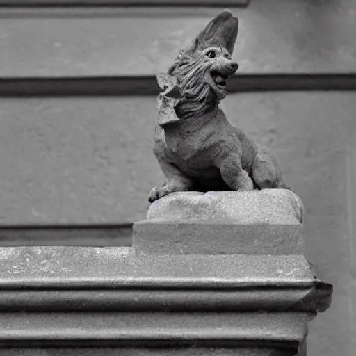 Image similar to gargoyle with the head of a corgi made of stone, uncropped, photography