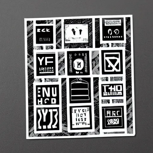 Image similar to black on white graphic design stickers in style of eric hu, y 2 k, brutalism, acid, techno