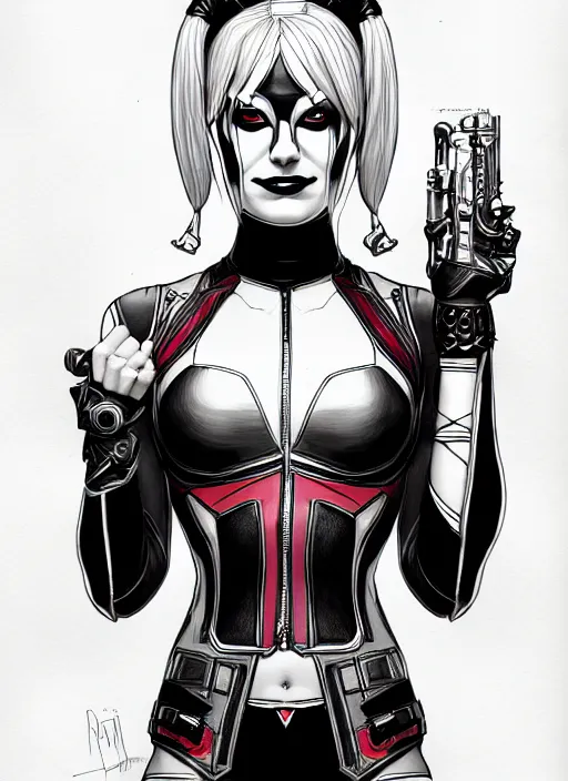 Image similar to symmetry concpet art, full shot, traditional ink, sketch, of olivia wilde as harley quinn, line sketch, intricate, elegant, highly detailed, monochrome, digital painting, artstation, concept art, sharp focus, illustration, art by borderlands 3 and peter polach