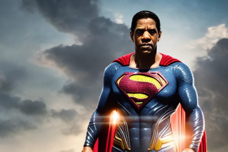 Prompt: film still of Denzel Washington as Superman in Justice League movie, 4k