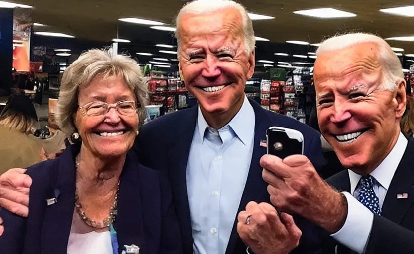 Image similar to this mf joe biden just slapped my grandma and ran, front camera, walmart parking lot, camera flash is so bright, uncomfortable, viral, selfie, viral on twitter, viral on instagram, viral photo