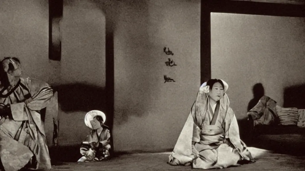 Image similar to shadow of a monstrous starfish is seen behind a woman in hanbok sitting on a couch, traditional korean interior, in. rashomon a kaiju - eiga monster movie by akira kurosawa and ishiro honda