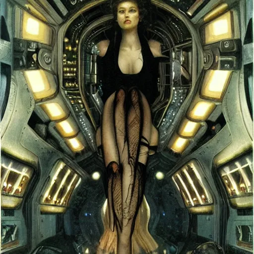 Prompt: epic masterpiece full body portrait a beautiful woman, with a beautiful face and flawless skin, lounging inside a spaceship designed by H.R. Giger, by Edgar Maxence and Ross Tran and Michael Whelan