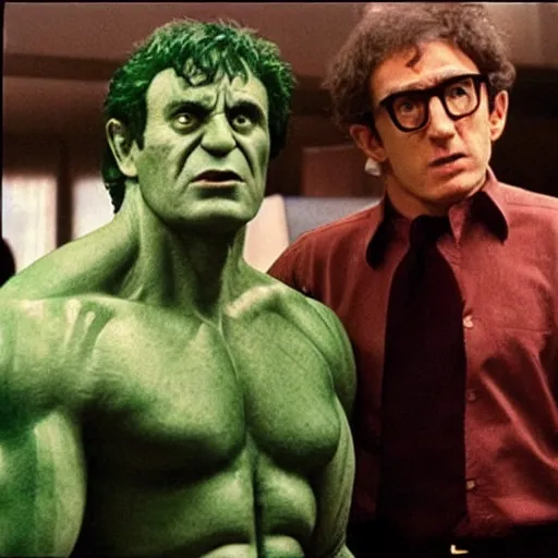 Image similar to “Woody Allen as the Incredible Hulk hq movie still”