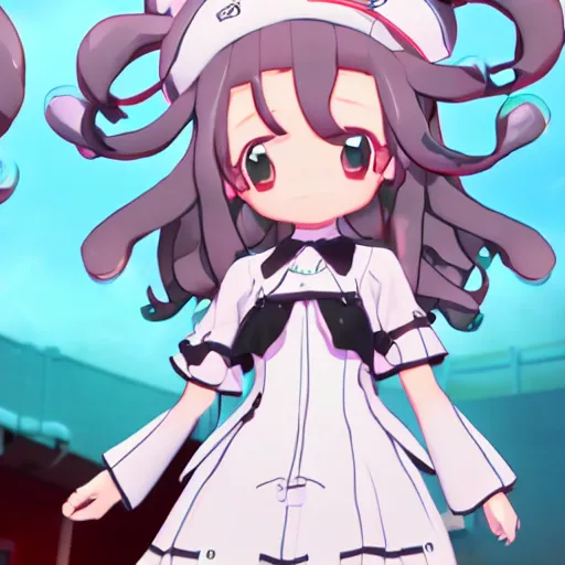 Prompt: Hoppou , a character from Shipgirl Collection in vrchat looking at a random person from VRChat she has white hair and big round anime eyes