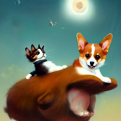 Image similar to tiny cat girl riding on the back of a giant corgi by greg rutkowski