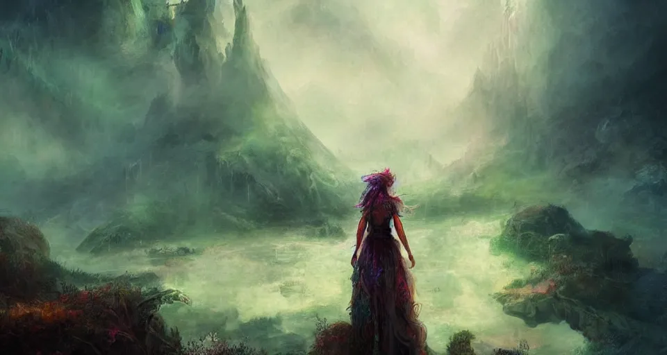 Prompt: beautiful digital art of the distant lands with wandering ghost queen, colourful long hair, travelling through misty planes, intricate details, detailed face, lonely, short dress, artstation, epic pose, cinematic light, view from the distance, by rembrandt, marco bucci