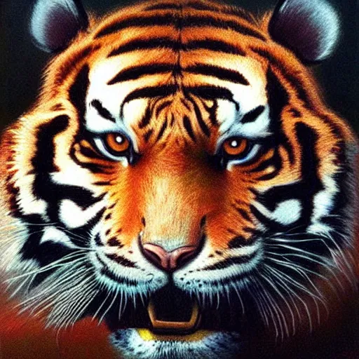Prompt: Angry Tiger portrait, dark fantasy, orange, artstation, painted by Zdzisław Beksiński and Wayne Barlowe