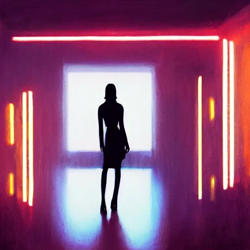 Prompt: silhouette of a Elle Fanning, pitch black room, extremely detailed masterpiece, oil on canvas, low-key neon lighting, artstation, Blade Runner 2049, Roger Deakin’s cinematography, by Whyn Lewis,
