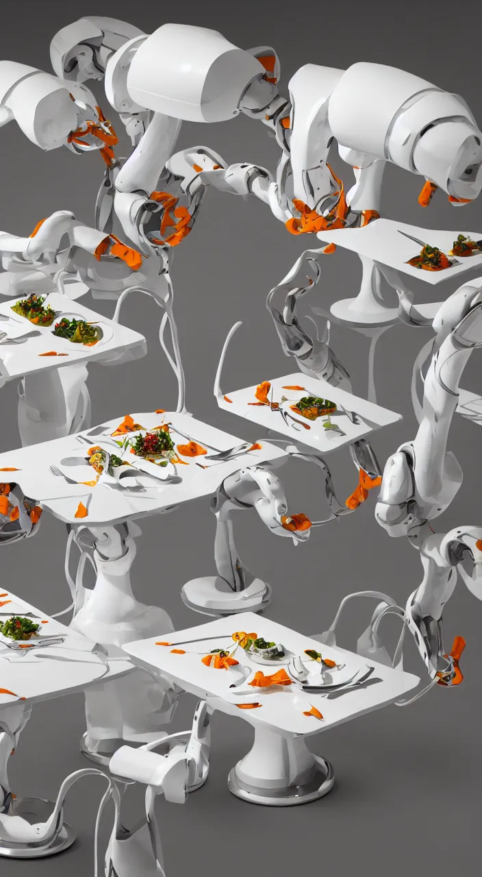 Image similar to three large white glossy kuka industrial robot arms on the floor around a dinner table, the kuka industrial robot arms are wearing bow ties, the table is full of food, they are having dinner inside a fine dining restaurant with mid century modern furniture and decor, global illumination, artstation, fantasy