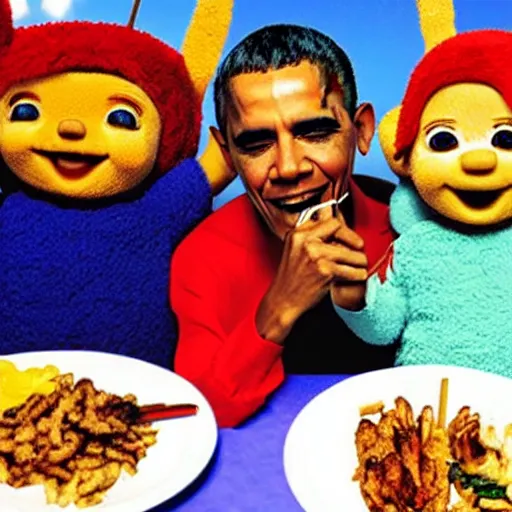 Image similar to Obama eating kebab with teletubbies