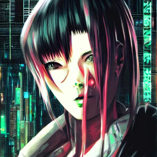 Image similar to android, killer - girl, high detail of the face, full body, close - up, 1 / 6 nihei tsutomu, style of cyberpunk, night, city,