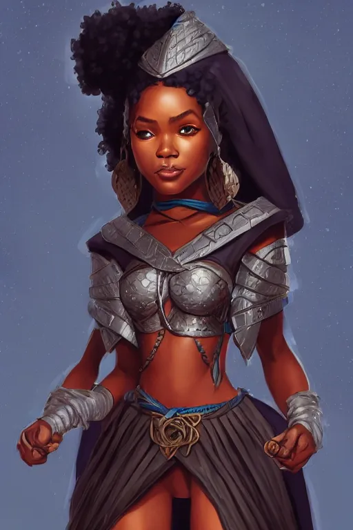 Image similar to beautiful ninja african princess with an afro. wearing cloak, medieval body armor, artgerm, trending on artstation, d & d character concept art, inspired by brom, standing in the streets of waterdeep, bokeh