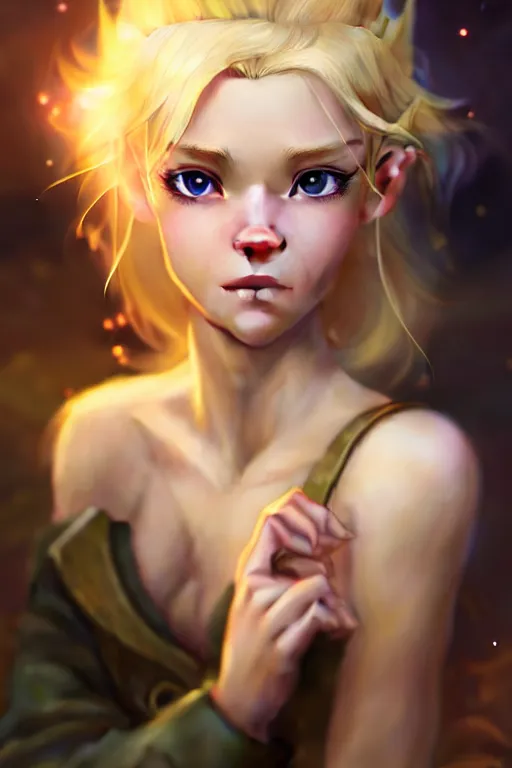 Image similar to cinematic shot of an epic portrait of a cute blonde fairy dressed in military clothes, stylised military clothes, shiny skin, beautiful eyes, beautiful, small details, night setting, realistic poster with volumetric light from craig mallism, artgerm, jeremy lipkin and michael garmash, unreal engine, radiant light, digital art, trends at art station, a masterpiece