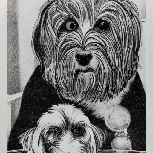 Image similar to self portrait of a havanese dog reflecting into a chrome sphere, 1 9 5 0 s desk and office in the background, pen on paper, by mc escher