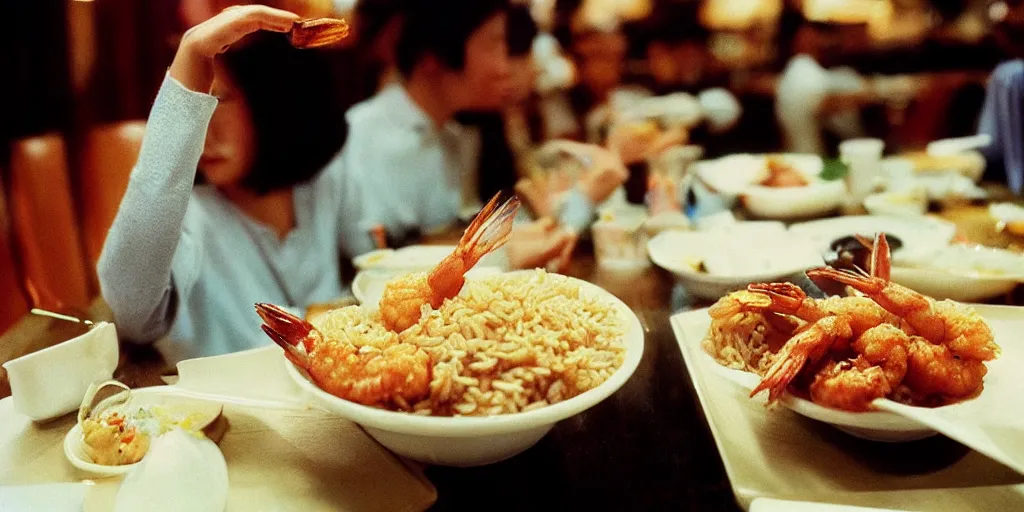 Prompt: “Bambi eating rice and fried shrimp in Chinese restaurant, realistic, 35mm film still, masterpiece”