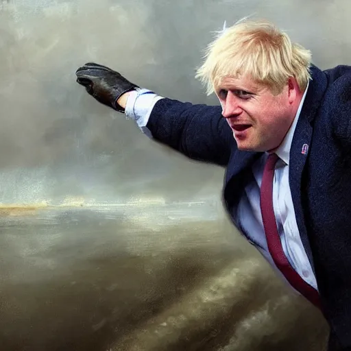 Image similar to close up of boris johnson fighting global warming, cinematographic shot, by daniel f. gerhartz