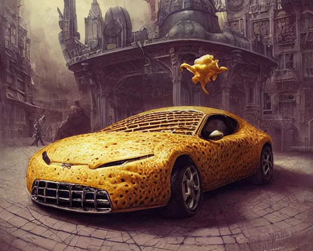 Image similar to a car made of cheese, many holes, concept art by joao ruas, highly detailed, hyperrealistic, artgerm, Tomasz Alen Kopera, Peter Mohrbacher, donato giancola, Joseph Christian Leyendecker, WLOP, Boris Vallejo