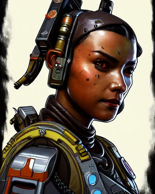 Prompt: pathfinder from apex legends character portrait, portrait, close up, concept art, intricate details, highly detailed, vintage sci - fi