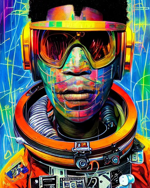 Prompt: a cyberpunk portrait of an astronaut. by jean - michel basquiat, by hayao miyazaki by artgerm, highly detailed, sacred geometry, mathematics, snake, geometry, cyberpunk, vibrant, water