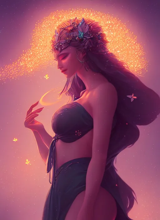 Image similar to a goddess of the night surrounded by fireflies, highly detailed, artgerm style, artstation, soft light, sharp focus, illustration, character design, concept art