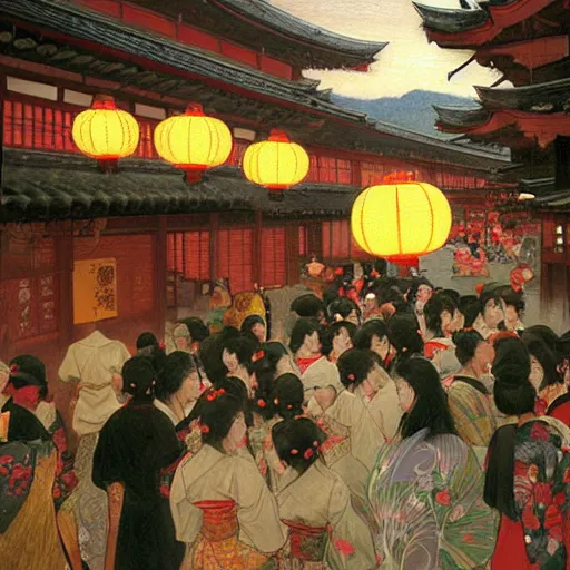 Image similar to a beautiful painting of the lantern festival in old kyoto, by james gurney, donato giancola, and john williams waterhouse