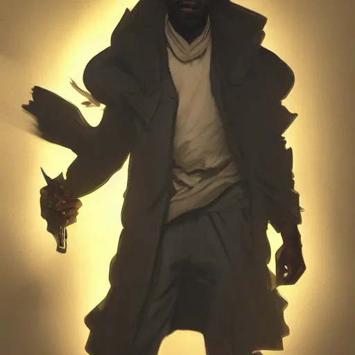 Image similar to a photorealistic dramatic fantasy render of a fit lightskinned black man wearing coat, artgerm, greg rutkowski, alphonse mucha, beautiful dynamic dramatic dark moody lighting, shadows, cinematic atmosphere, artstation, concept design art, octane render, 8 k