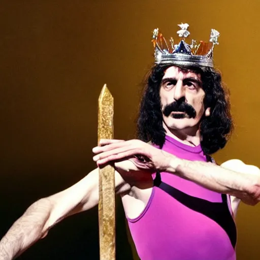 Prompt: Frank Zappa in a leotard and a crown performs the role of Richard III in award-winning modern dress production of Richard III in front of a live audience, action shot