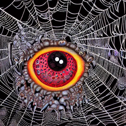 Prompt: spiders and eyes through the visage of lysergic acid diethylamide on webs of diamond, highly detailed, hyper realistic, studio lighting, creepy