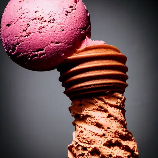 Image similar to detailed, textured, color photograph of a levitating chocolate ice cream cone with huge, hairy spider legs. dramatic light.