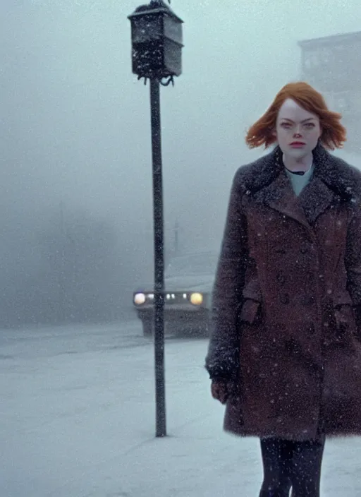 Image similar to emma stone getting out of taxi in winter, faded color film, russian cinema, tarkovsky, kodachrome, old clothing, heavy fog, 4 k, dramatic lighting, greg rutkowski