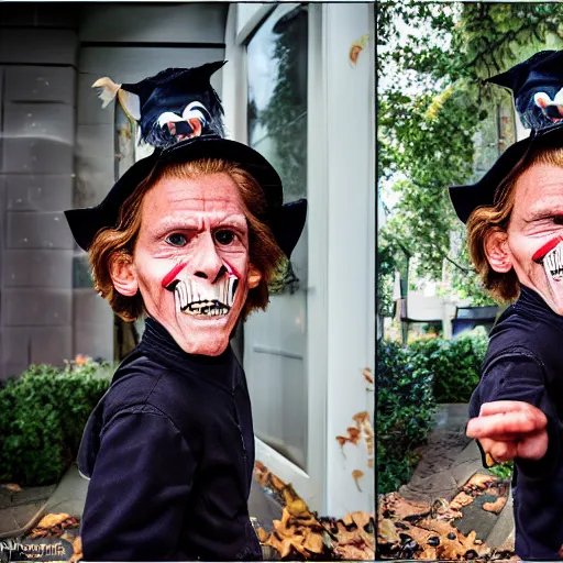 Image similar to willem dafoe trick or treating on halloween, ( sony a 7 r iv, symmetric balance, polarizing filter, photolab, lightroom, 4 k, dolby vision, photography awardm, voque, perfect face )