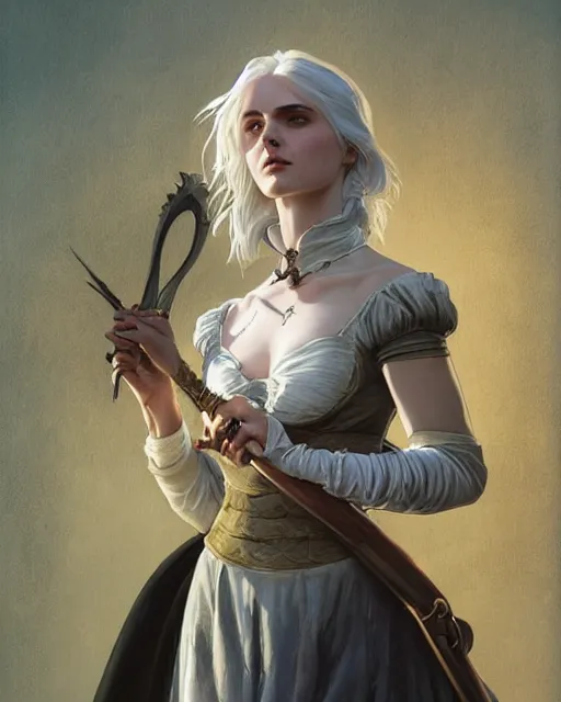 Prompt: Pre-Raphaelite Ciri from Witcher 3 by Artgerm and Greg Rutkowski, wearing haute couture by schiaparelli, sharp focus, sun rays, full body, intricate, elegant, highly detailed, digital painting, pale